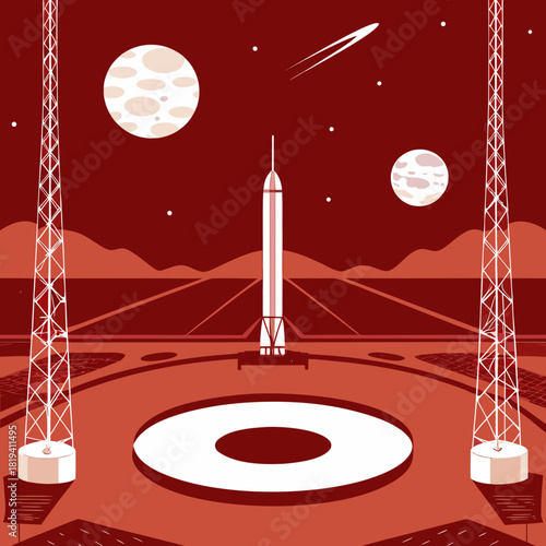 Rocket launchpad under a martian sky with two moons and a comet