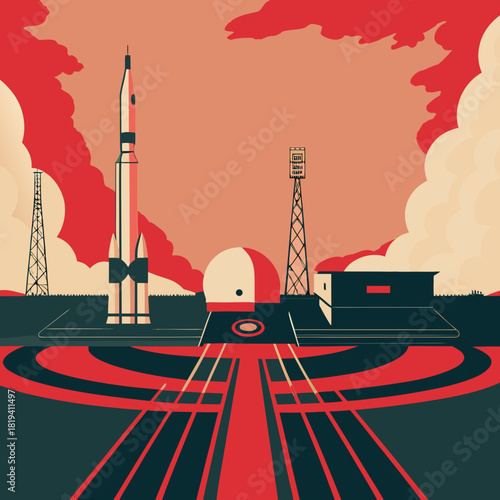 Retro rocket launch pad with dramatic clouds and towers