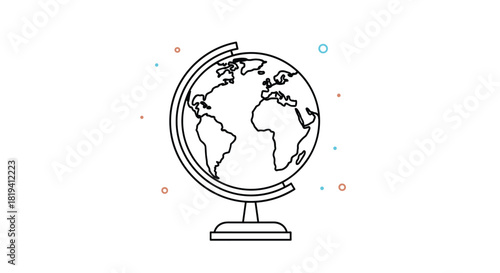 A simple black and white line art icon of a spinning desk globe showing the continents with decorative dots around it.