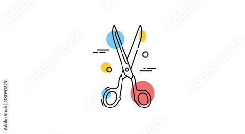 A modern line art icon of a pair of scissors with colorful abstract circles and lines in the background for design.