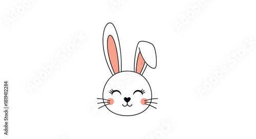 A simple and cute drawing of a white bunny rabbit's face with long ears pink cheeks and closed happy eyes illustration.