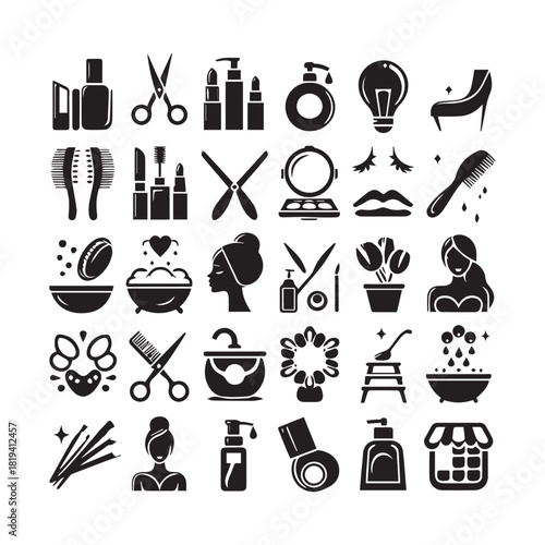 “Cosmetic Tools Illustration – Makeup Brushes, Scissors & Salon Elements”