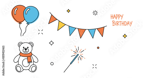 A festive collection of joyful birthday celebration elements includes colorful balloons cheerful party flags a cuddly teddy bear and a sparkling lit sparkler.