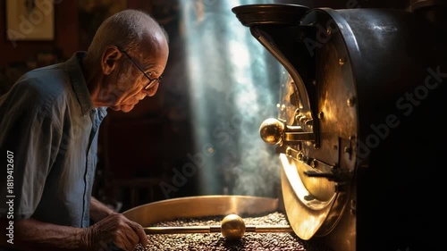 Wallpaper Mural Senior man roasting coffee beans in a vintage commercial roaster Torontodigital.ca