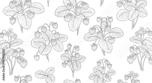 A detailed seamless pattern presents a lush array of various strawberry plants complete with ripe fruits and vibrant leaves.