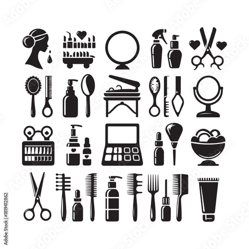 “Cosmetic Tools Illustration – Makeup Brushes, Scissors & Salon Elements”