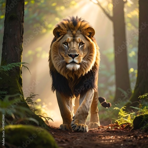 Regal lion confidently walking towards the viewer in a sunlit forest
