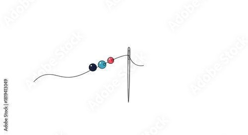 A delicate black thread with three vibrant colored beads in black blue and red is gracefully threaded through the eye of a silver needle.