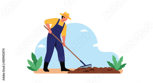 A cheerful cartoon farmer wearing blue overalls and a straw hat diligently rakes soil in a vibrant garden surrounded by lush green plants.