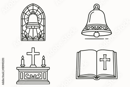 Vector illustrations of stained glass windows bells altars and holy books elegant line art white background