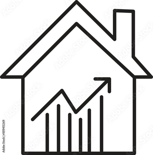 Real Estate Growth: Conceptual illustration showcasing a rising graph within a house outline, representing the upward trajectory of real estate investments and property value appreciation.