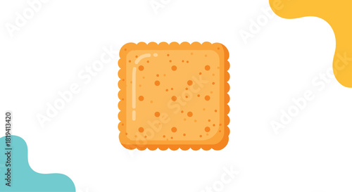 A single square cracker with a distinctive scalloped edge and characteristic small holes is centered on a white background with colorful abstract shapes.