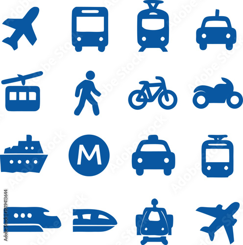 Transport vehicles vector set featuring car, motorcycle, aeroplane, train, bicycle, ship, electric train, and bus, ideal for travel apps, maps, infographics, and modern transportation designs."