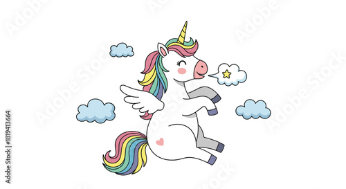 A joyful flying unicorn with a vibrant rainbow mane and tail elegant wings and a cheerful expression is surrounded by soft clouds.