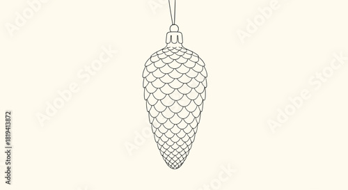 A detailed black outline drawing of a classic pine cone-shaped Christmas tree ornament featuring intricate scales and a hanging string.