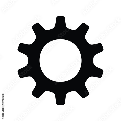 Single black gear on white background representing mechanics or engineering solutions