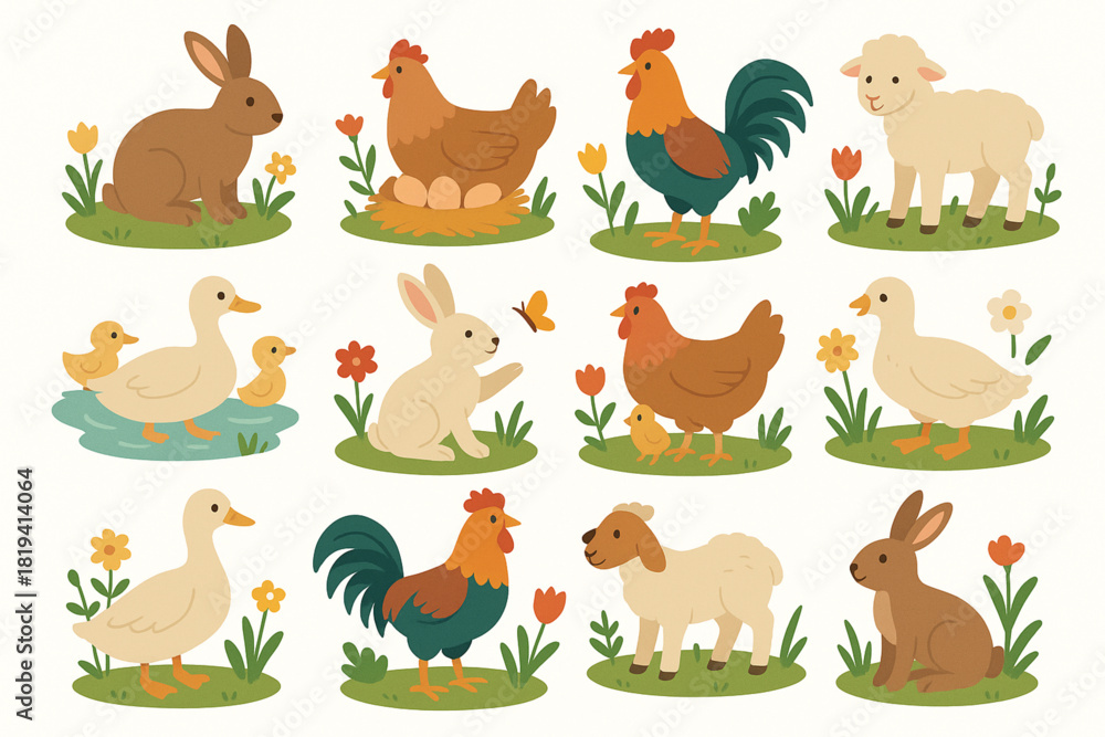 Fototapeta premium Vector set of rabbits hens roosters ducks and lambs in spring scenes flat design white background