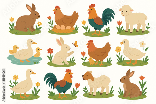 Vector set of rabbits hens roosters ducks and lambs in spring scenes flat design white background