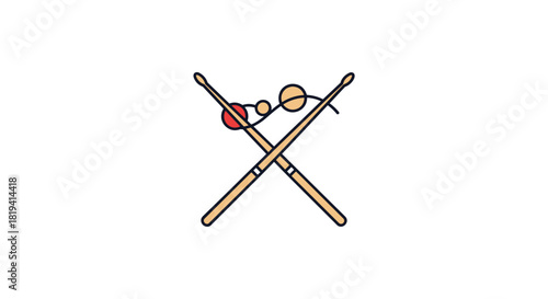 Two drumsticks are artistically crossed and adorned with vibrant colorful beads and a winding string in a playful linear cartoon style.