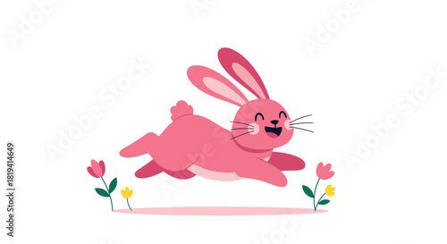 A delightful pink cartoon rabbit is playfully jumping with joy among charming small pink and yellow flowers on a crisp white background.