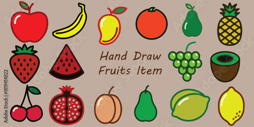 Hand Draw Fruits Item, Collection Of Apple Banana Grape And Pineapple Symbols For Kids Design Project Management And Education Applications

