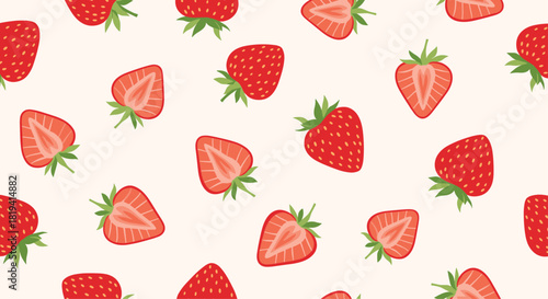 A delightful seamless pattern showcases an abundance of vibrant whole and perfectly halved strawberries revealing their bright red color.