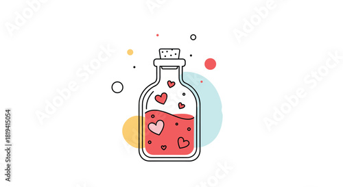 A charming cartoon potion bottle filled with a vibrant red liquid and floating hearts is sealed with a cork on a white background.