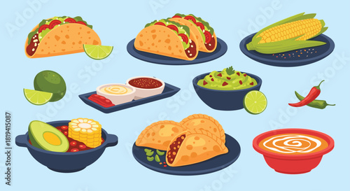 A vibrant collection of classic Mexican dishes is presented including savory tacos fresh corn rich guacamole and delicious empanadas.