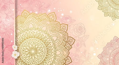Elegant indian wedding background with gold mandala and soft florals