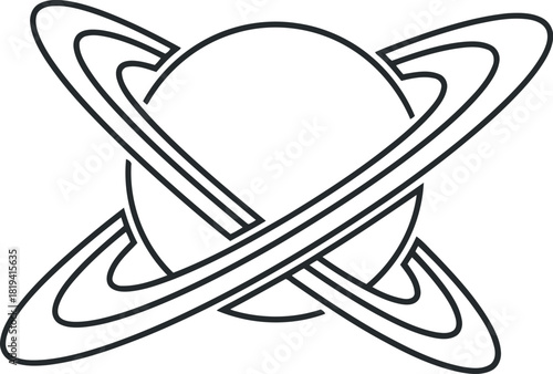 Abstract intertwined rings orbiting a central sphere design