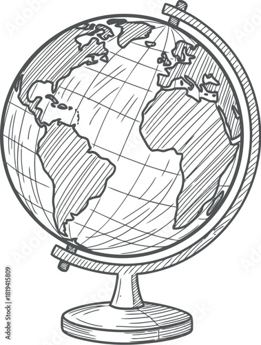 Hand drawn sketch of a vintage terrestrial globe on a stand