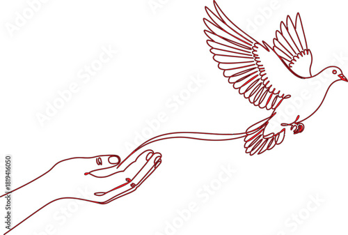Dove taking flight from open hands line drawing