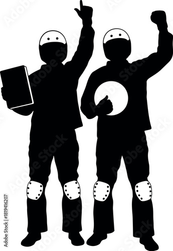 Two silhouetted figures in helmets and protective gear raising fists