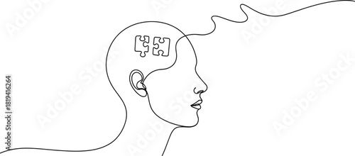 Abstract line drawing of head with circuit board brain