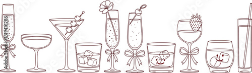 Hand drawn cocktail glasses variety line art illustration