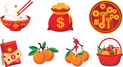 Chinese New Year icons, festive food, prosperity symbols, red envelope, gold coins, oranges, dumplings, fruit basket, celebration, tradition