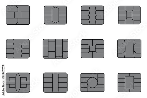 Set of EMV chip silver icons. Credit and debit card elements. Square computer microchips. Silver contactless payment cards with EMV chips. Smart payment security vector illustration.