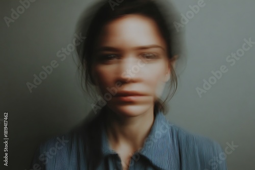 Woman experiencing disorientation and mental confusion with motion blur effect