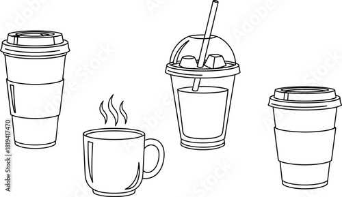 Coffee cup illustration, ceramic mug, plastic drink cup, beverage container set, hot drink, cold drink, packaging, lifestyle, icon