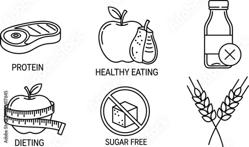 Nutrition icons line art, healthy eating, sugar free, protein, dieting, food sketch, black and white, wellness, lifestyle
