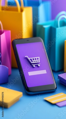 A mobile phone displays a shopping cart icon against a vibrant blue backdrop, online shopping concept. Vertical banner