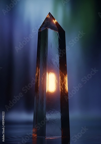 Illuminated geometric sculpture against abstract background with rippled base