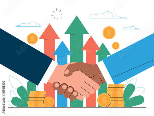 Two people shake hands in a business deal with rising arrows and coins symbolizing growth.