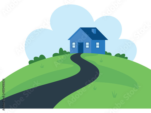 A solitary blue house sits atop a verdant hill with a winding path leading to its entrance.