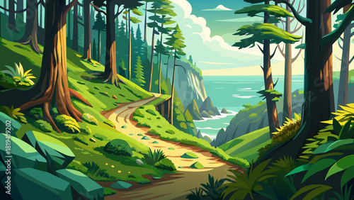 Very beautiful lush green forest trail winding through moss-covered trees near Cape Falcon on the Oregon Coast, with soft coastal light, vibrant foliage, and a serene path leading toward a scenic look