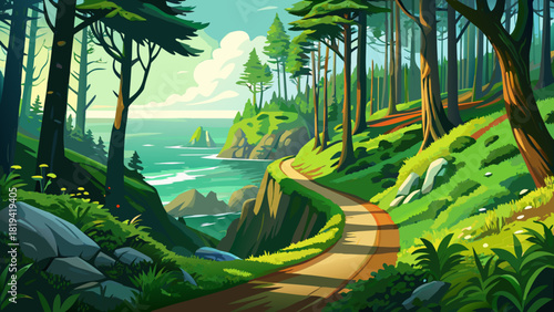 Very beautiful lush green forest trail winding through moss-covered trees near Cape Falcon on the Oregon Coast, with soft coastal light, vibrant foliage, and a serene path leading toward a scenic look