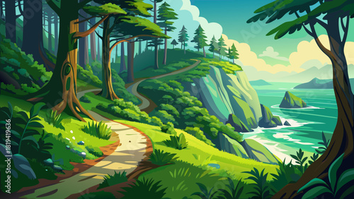 Very beautiful lush green forest trail winding through moss-covered trees near Cape Falcon on the Oregon Coast, with soft coastal light, vibrant foliage, and a serene path leading toward a scenic look