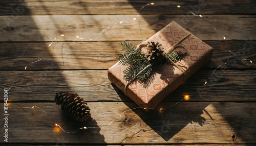 caja de regalo decorada con un lazo sobre una mesa de madera, acompañada de una rama de pino, una piña y luces navideñas encendidas que crean un ambiente festivo y cálido.