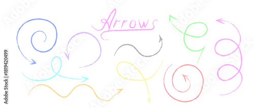 Hand drawn colorful crayon chalk arrow set for design element, graphic pointer, indicator direction concept. Doodle style vector illustration