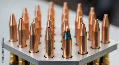 Metal bullets neatly arranged in a holder, focusing on precision and design
